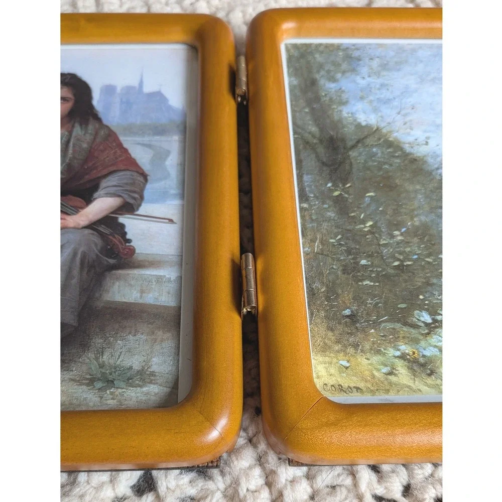 Vintage Wood Folding Double Picture Frame Bouguereau Corot Art Prints 8x5.5